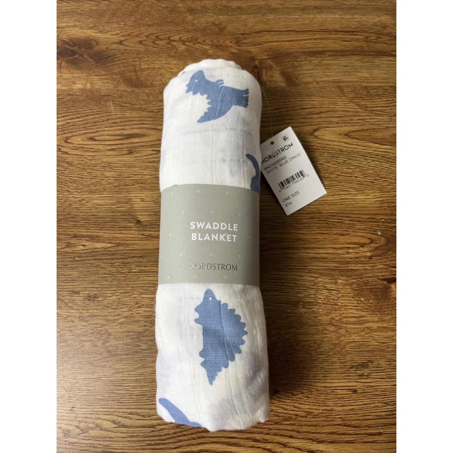 Nordstrom Swaddle Baby Blanket Cotton Muslin White Blue Dinos One Size New