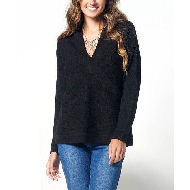 Laurie Felt Wrap Front Sweater with Long-Sleeves (Black, Small) A399789