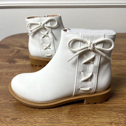 Coutgo Girls Tie Knot Ankle Boots Kids Side Zipper Faux Leather White Size 11