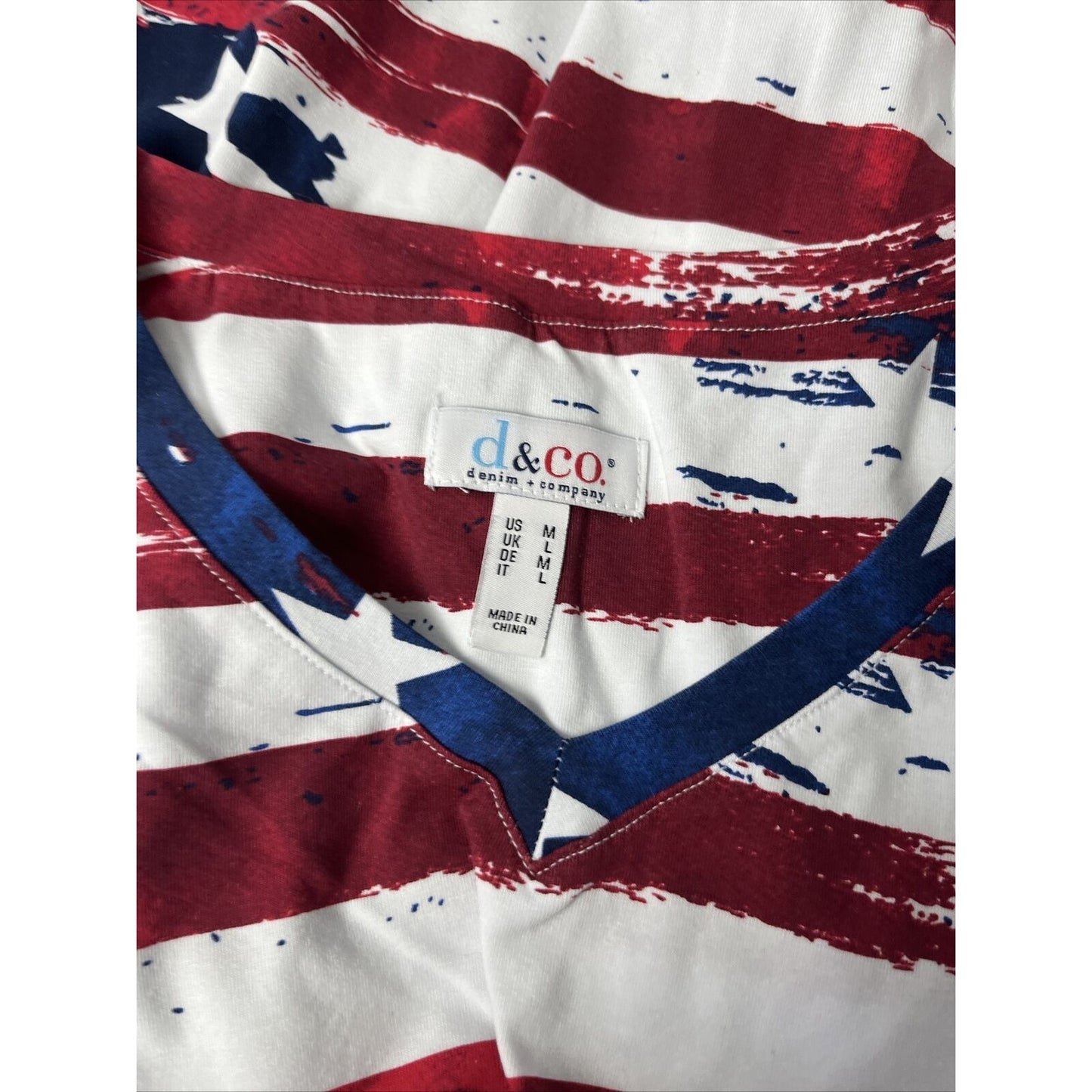 Denim & Co. American Flag Print Short Sleeve V-Neck Top Navy/Red M A291647