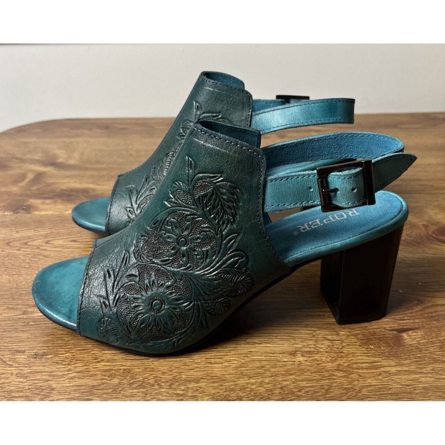 Roper Womens Turquoise Leather Mika Tooled Sandal Shoes Size 10