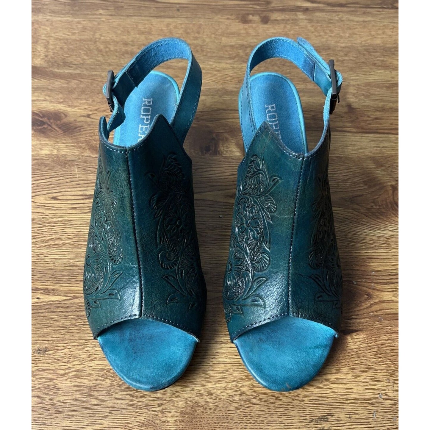 Roper Womens Turquoise Leather Mika Tooled Sandal Shoes Size 10