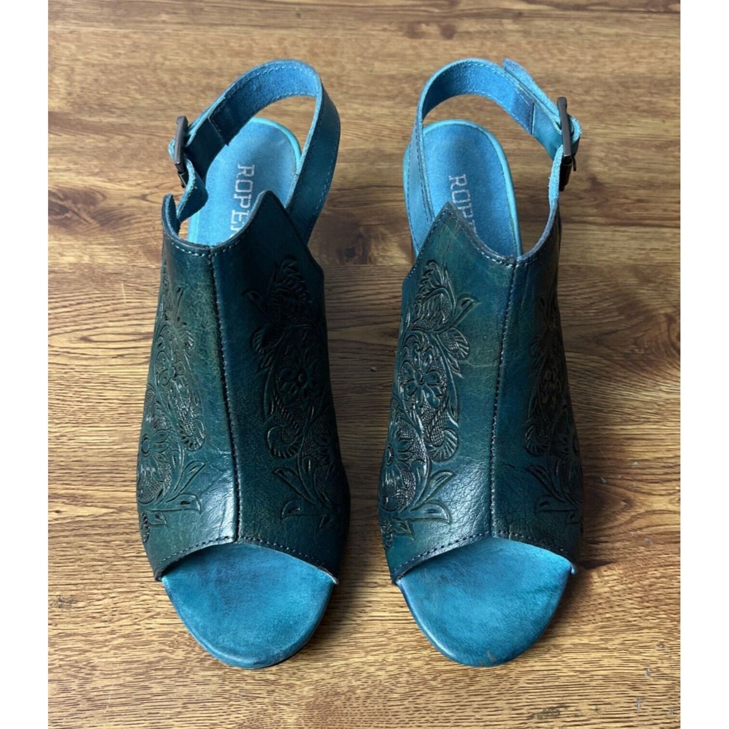 Roper Womens Turquoise Leather Mika Tooled Sandal Shoes Size 10