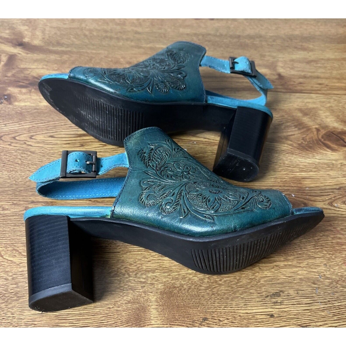 Roper Womens Turquoise Leather Mika Tooled Sandal Shoes Size 10