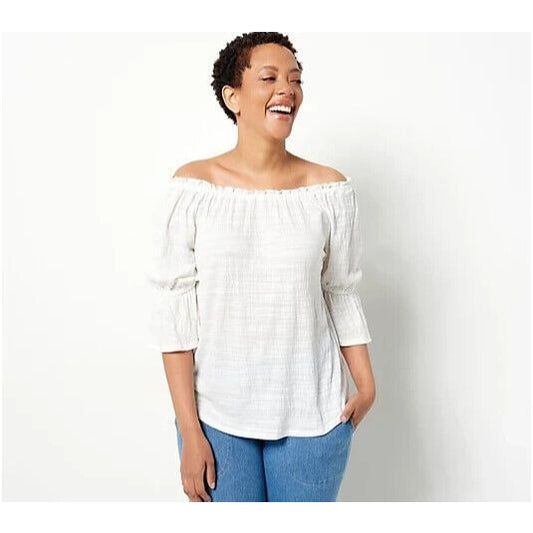 Laurie Felt Gauze Ruffle Peasant off the Shoulder Top White, Size XL