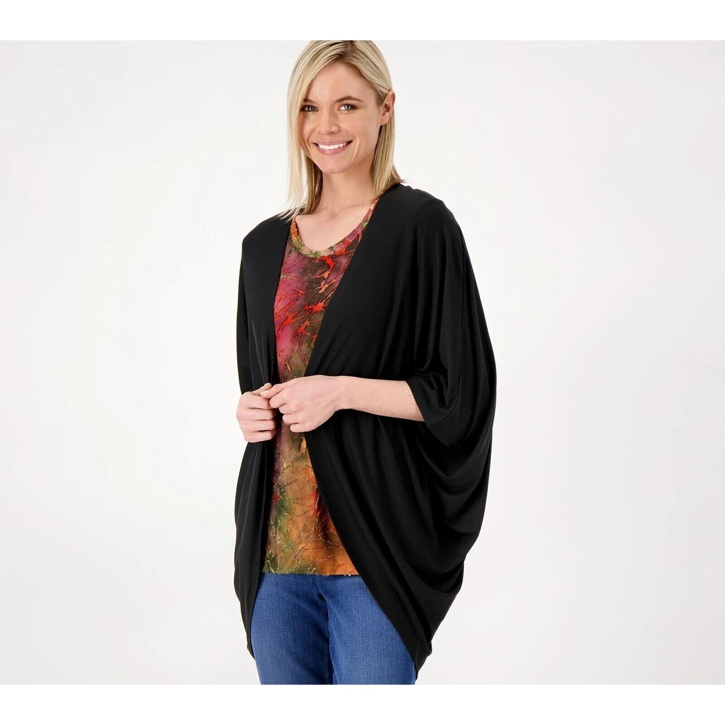 Attitudes By Renee Yummy Jersey Cocoon Batwing Wrap Shirt Black 1X New