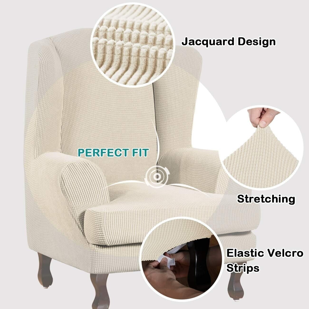 Turquoize Wingback Chair Covers 2 Piece Wing Chair Slipcover Stretch Beige