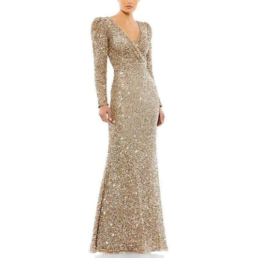 NEW NWT Mac Duggal Puff Shoulder Sequined Surplice Gown Shimmering Gold SIZE 18