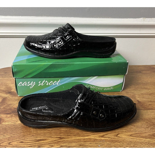 Easy Street Women's Holly Black Patent Croco Slip On Comfort Mule Clog Size 8.5M