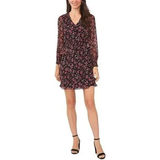 MSK Women's Petite Dress PM Floral-Print Smocked-Waist Black