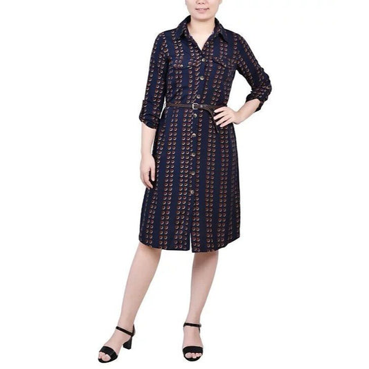 Ny Collection Women's 1X Size 3/4 Roll Tab Sleeve Shirtdress, Navy, NWT