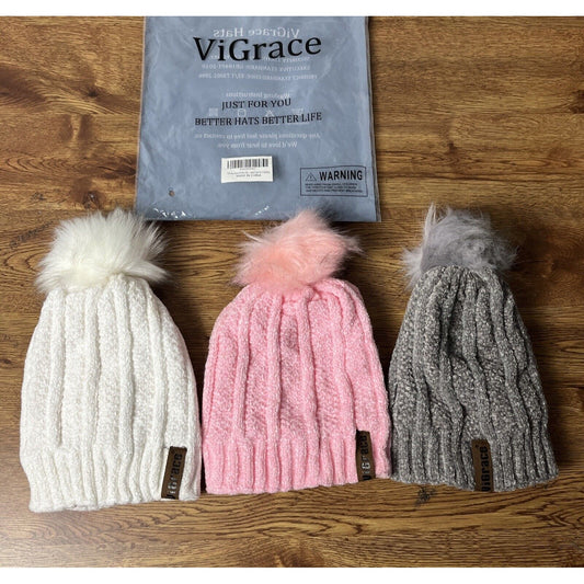 ViGrace kids Winter Hat Slouchy Warm Beanie Faux Fur Pom Pom - 3 Pack