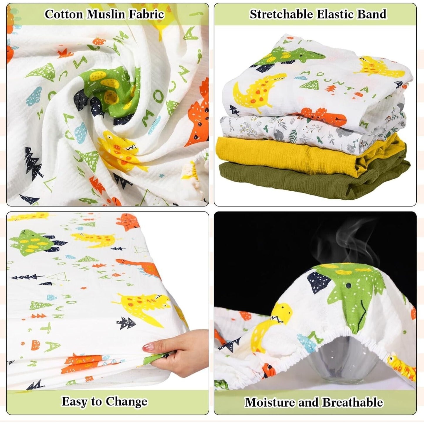 Preboun Set Of 4 Fitted Natural Muslin Crib Sheets 28 X 52 Inches Dino, Forest