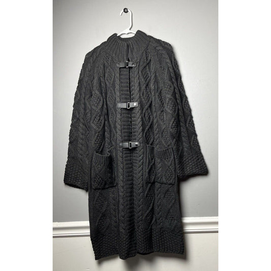 Women's Long Cardigan Cable Knit Casual Open Front Buckle Dark Grey Size Medium