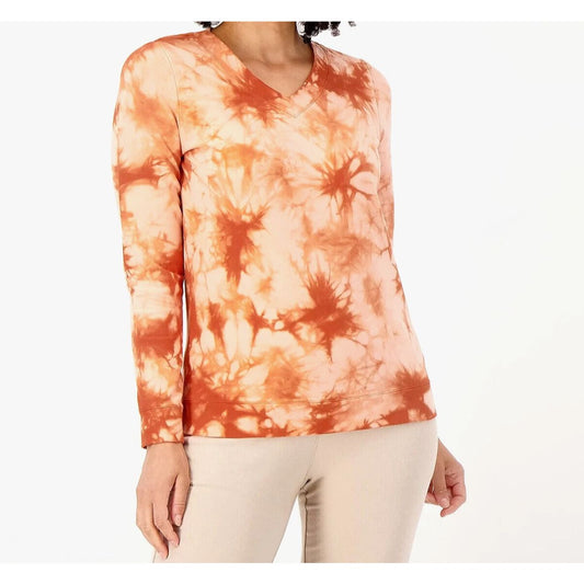 Denim & Co. French Terry Crystal Wash V-Neck Pullover, Copper Brown, Large