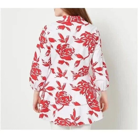 Truth + Style Red & White Floral Printed Stretch Cotton Poplin Top Size Small