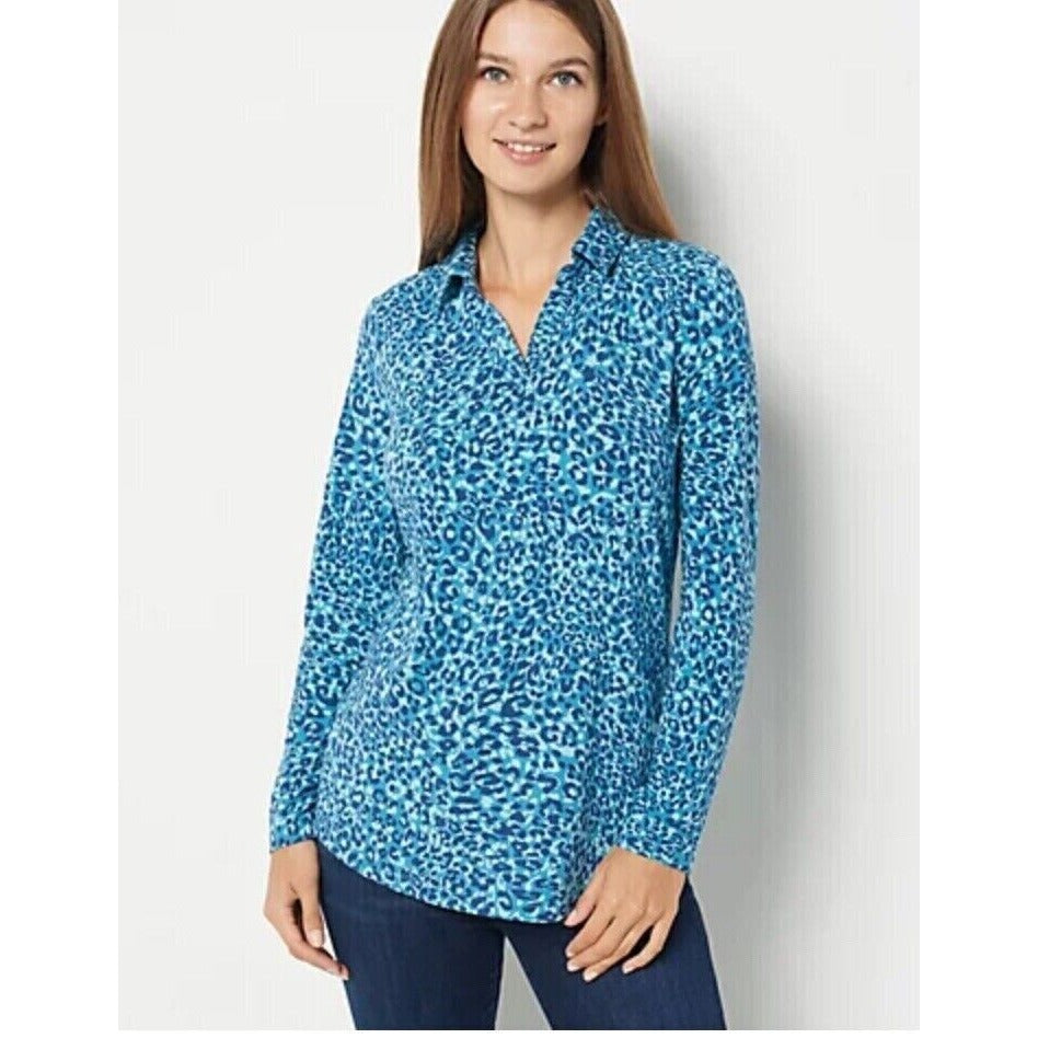 Isaac Mizrahi Live! Solid & Printed Split-Neck Collared Top Teal Large A465636