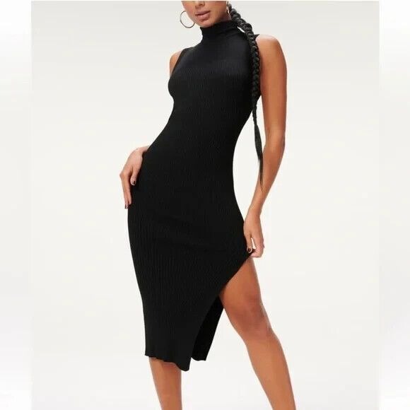 NWT - Good American Black Plaited Sleeveless Ribbed Mock Neck Midi Dress- Sz 3/4