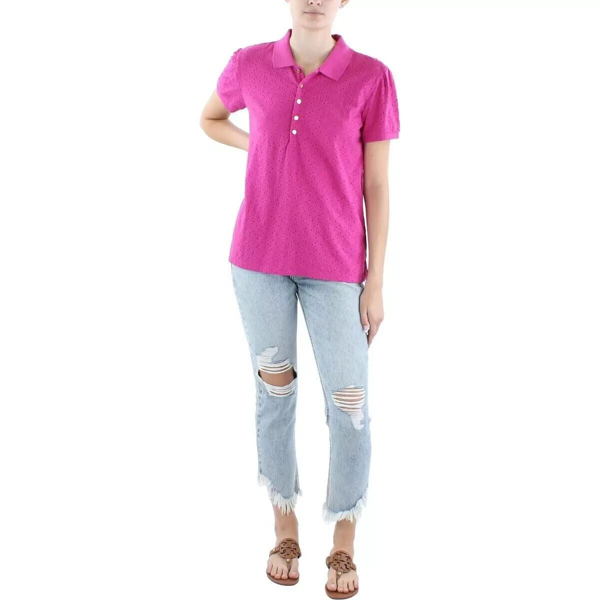 Lauren Ralph Lauren Womens Pink Eyelet Polo Top Shirt Size XL