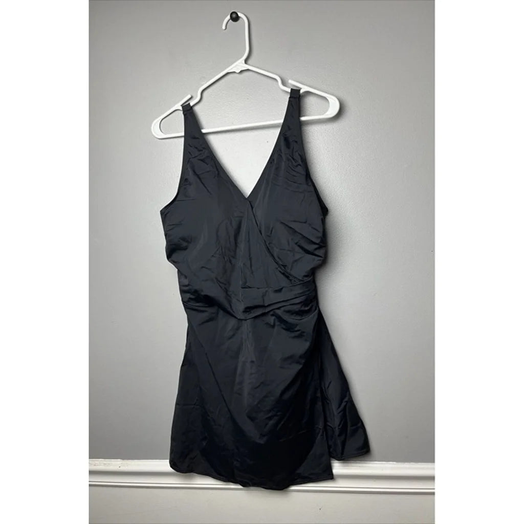 Denim & Co. Beach V-Neck Wrap Front Swim Dress Regular 14 Black A468465