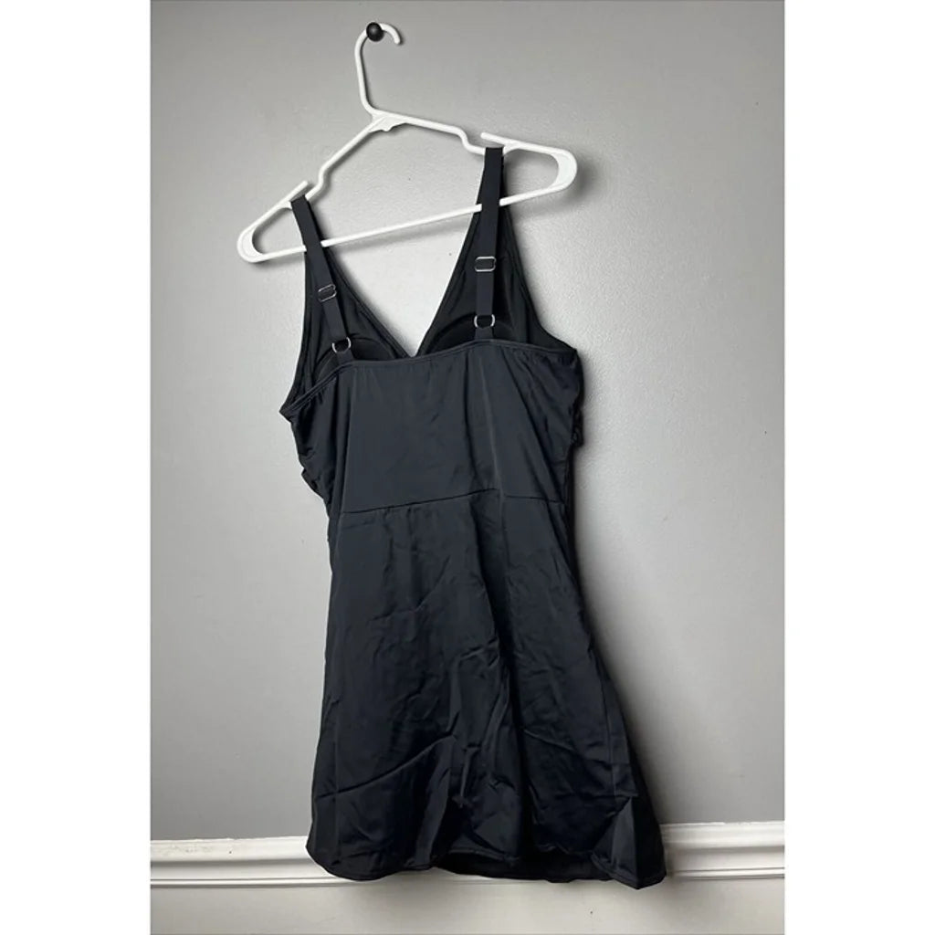 Denim & Co. Beach V-Neck Wrap Front Swim Dress Regular 14 Black A468465