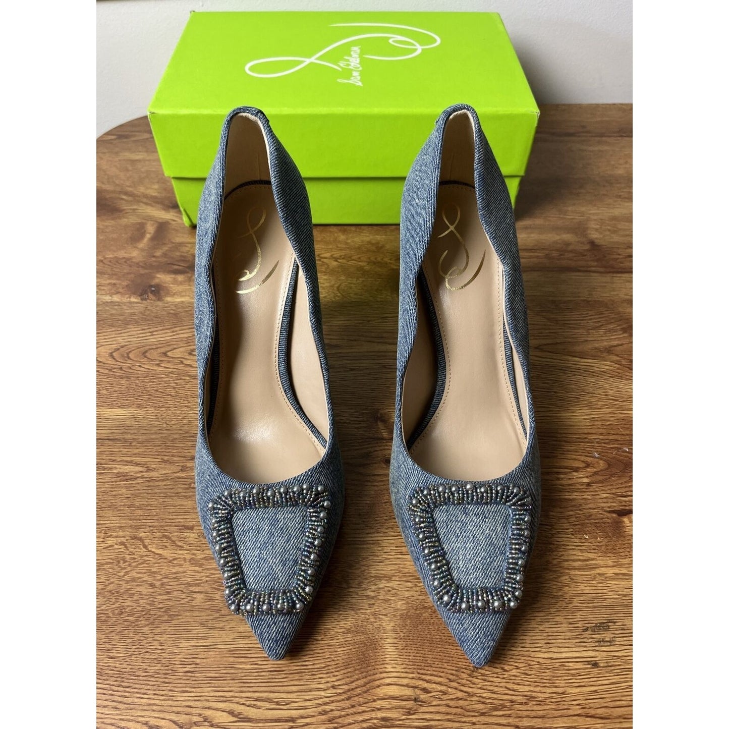 Sam Edelman Harriett Washed Blue Pointed Toe Slip On Stiletto Heeled Pumps Sz 9