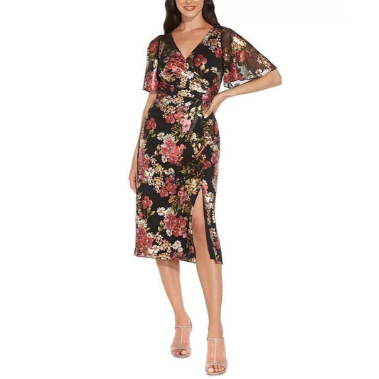 ADRIANNA PAPELL Floral-Print Metallic Flutter-Sleeve Dress Size 8