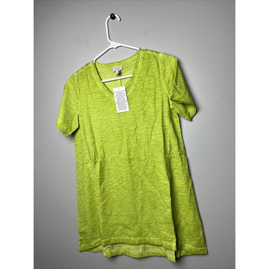 LOGO by Lori Goldstein Distressed Cotton Slub V-Neck Top Chartreuse Size XS