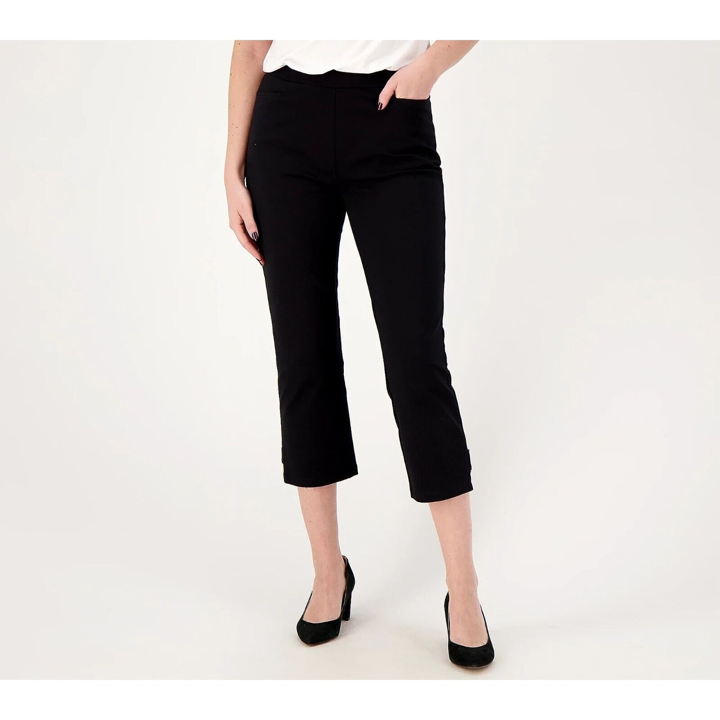 Susan Graver Weekend Regular Premium Stretch Crop Pants with Tab Detail Black L