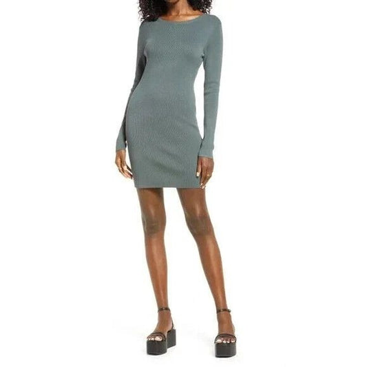 Open Edit Ribbed Long Sleeve Sweater Mini Dress Size S Green Urban NEW