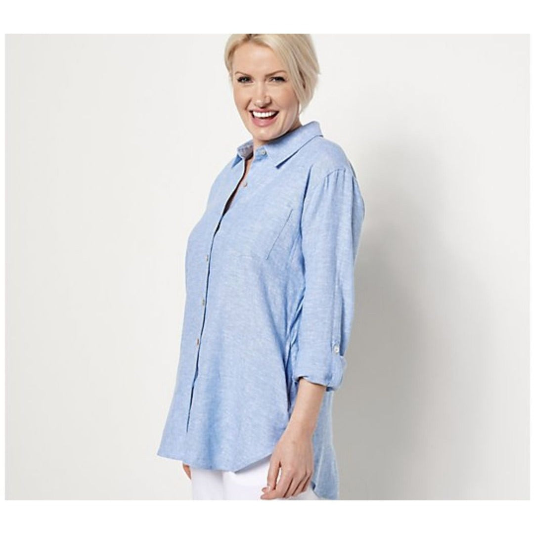 Susan Graver Pure Petite Cross-Dyed Linen Blend Shirt Wave Blue 3XP NWOT