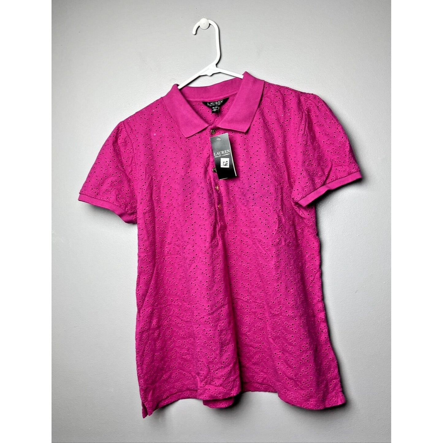 Lauren Ralph Lauren Womens Pink Eyelet Polo Top Shirt Size XL