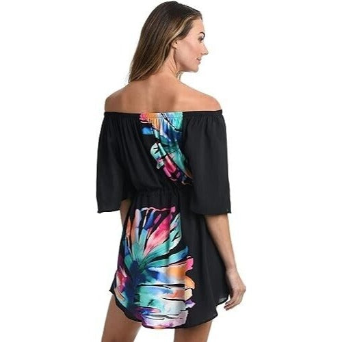 LA BLANCA In Black Off Shoulder Swimsuit Cover-Up Beach Dress S NEW