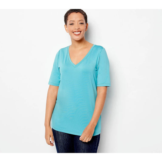 Susan Graver Modern Essentials Butterknit V-Neck Shirt Teal Ridge Size Small