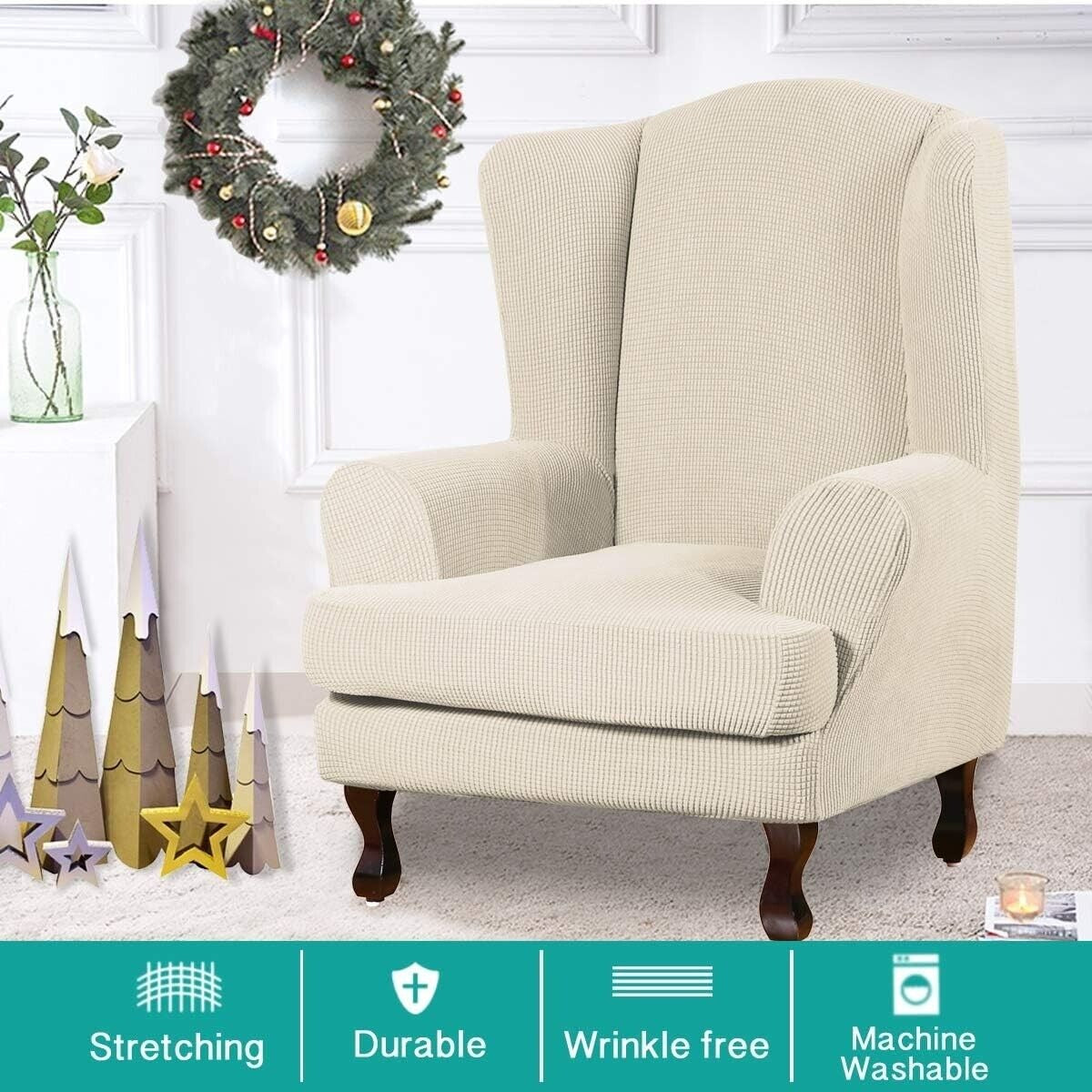 Turquoize Wingback Chair Covers 2 Piece Wing Chair Slipcover Stretch Beige