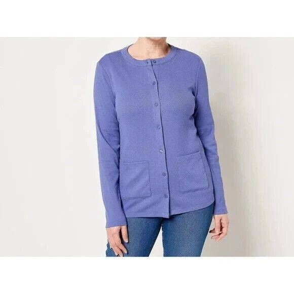 Isaac Mizrahi Live! Essentials Ribbed Pima Cotton Cardigan Marlin Blue, Medium