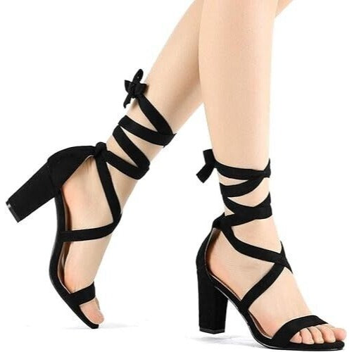 Women’s Size 8 Allegra K Open Toe Strappy Lace Up Heel Sandals, Black