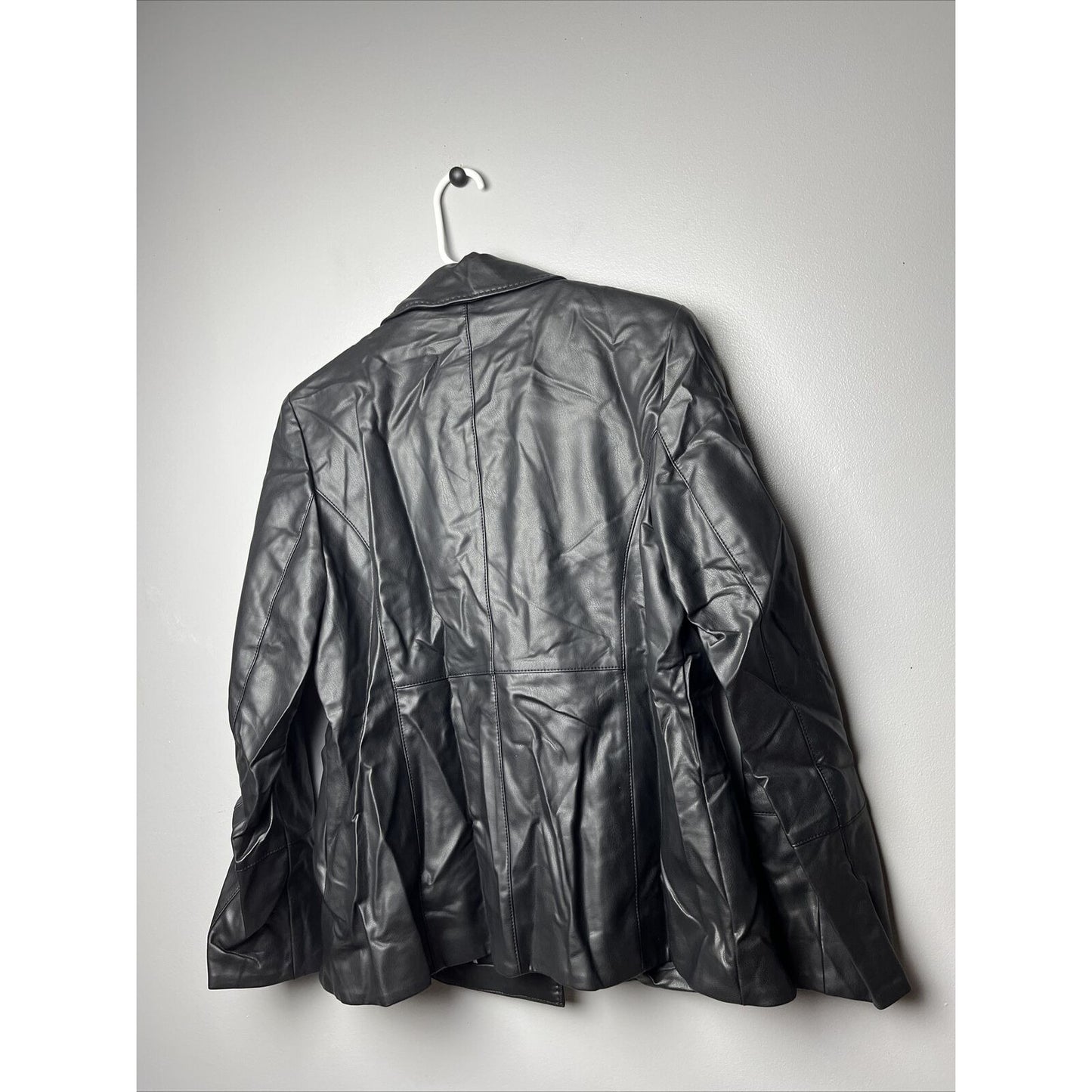 Dennis Basso Black Faux Leather Button Front Flair Waist Blazer Size Medium NWD