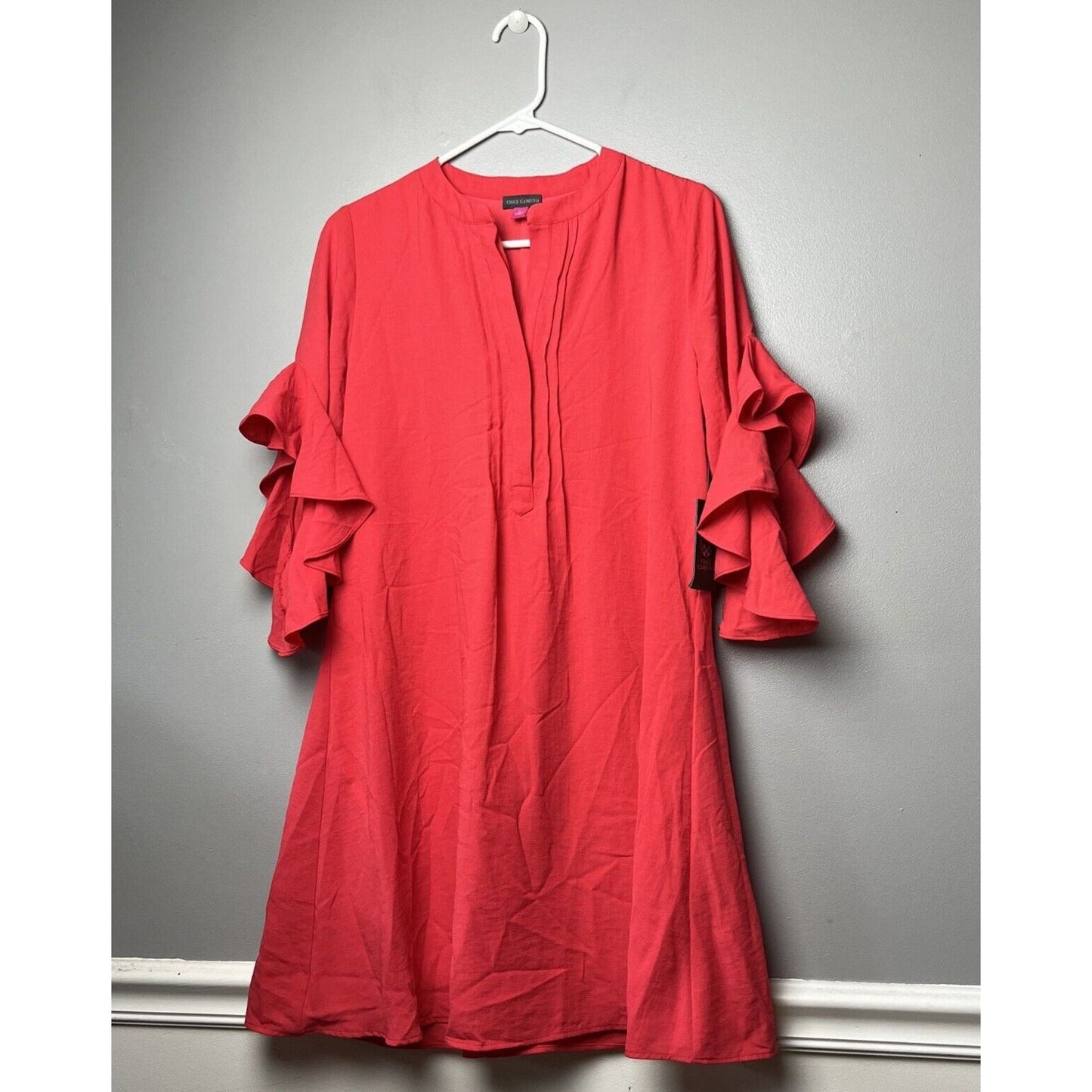 VINCE CAMUTO Womens Red Pintucked Pullover 3/4 Sleeve Split Fit + Flare Dress S