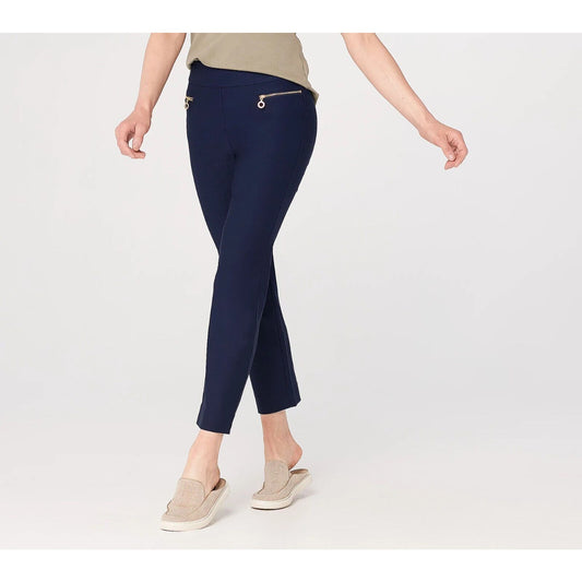 Susan Graver Women's Petite Pants 4P Ultra Pull-on Ankle w/Zip Pock Navy A378571