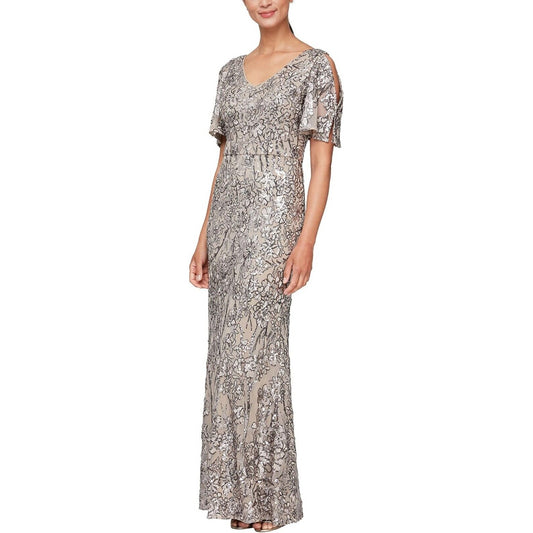 Alex Evenings Women's Long Sequin Dress with Flutter Sleeves, Bride Dress, Sz 6P