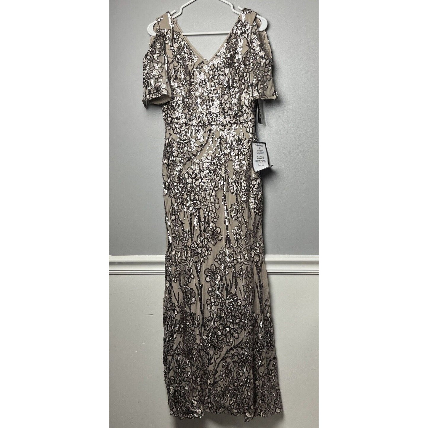 Alex Evenings Women's Long Sequin Dress with Flutter Sleeves, Bride Dress, Sz 6P