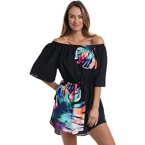 LA BLANCA In Black Off Shoulder Swimsuit Cover-Up Beach Dress S NEW