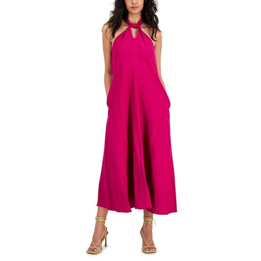 INC Petite Halter-Neck Maxi Dress, - Cranberry Rose, SZ PM