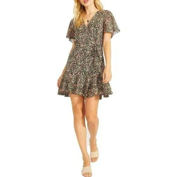 BB Dakota Counting Petals Dress Faux Wrap Mini Sundress Black Floral Ruffles XS