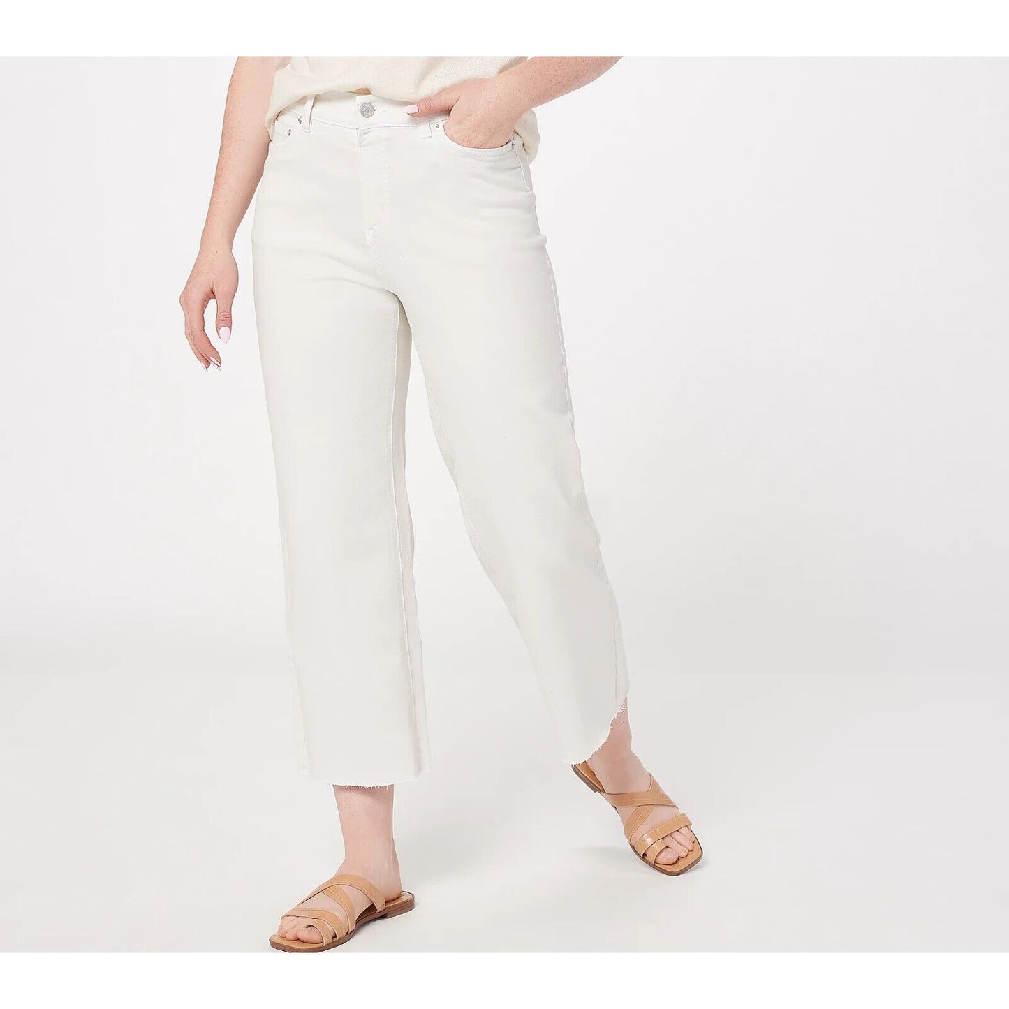 Denim & Co. Easy Stretch Denim Cropped Wide Leg Jeans with Fray Hem White,REG 10