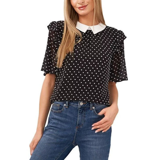 CeCe Womens Cotton Contrast Collared Dotted Top Black/White Blouse Size Medium