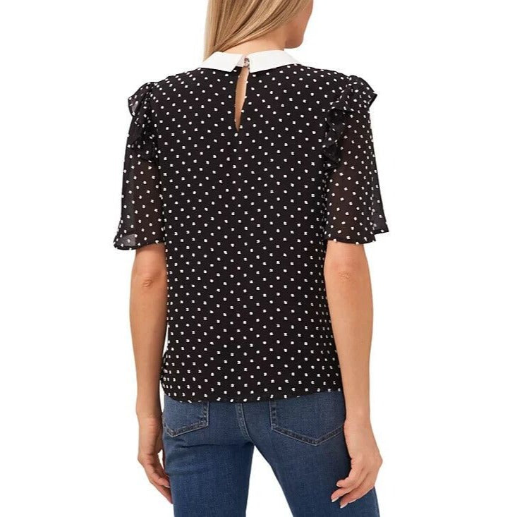 CeCe Womens Cotton Contrast Collared Dotted Top Black/White Blouse Size Medium