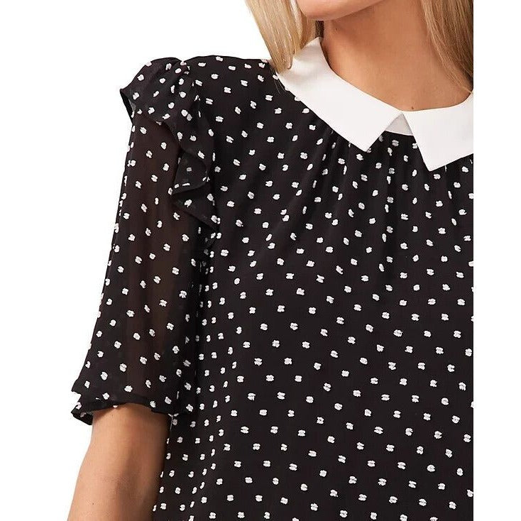 CeCe Womens Cotton Contrast Collared Dotted Top Black/White Blouse Size Medium