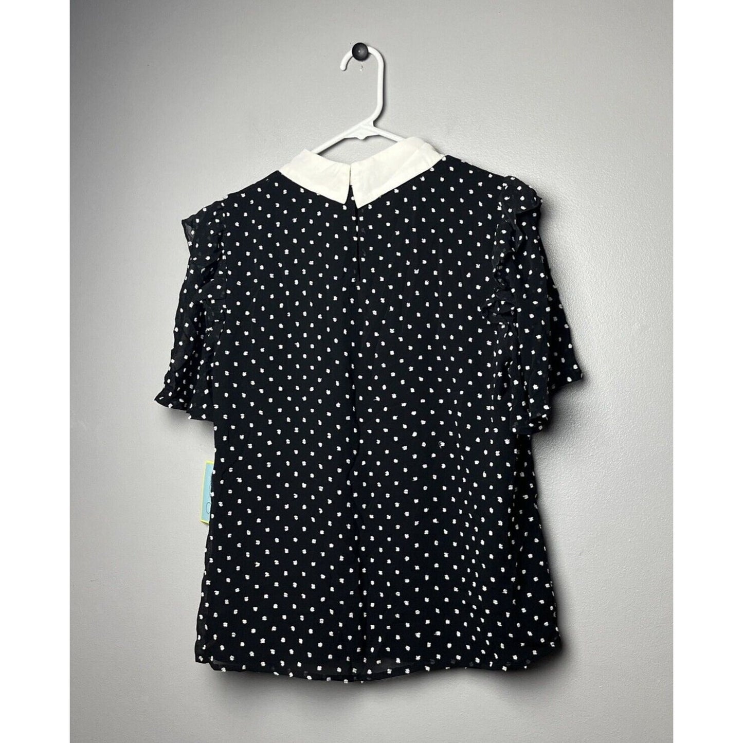 CeCe Womens Cotton Contrast Collared Dotted Top Black/White Blouse Size Medium